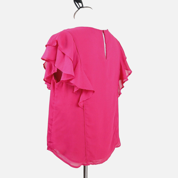 Ann Taylor Size M Flutter Sleeve Blouse Crinkle Chiffon Fuchsia Pink - Picture 3 of 12